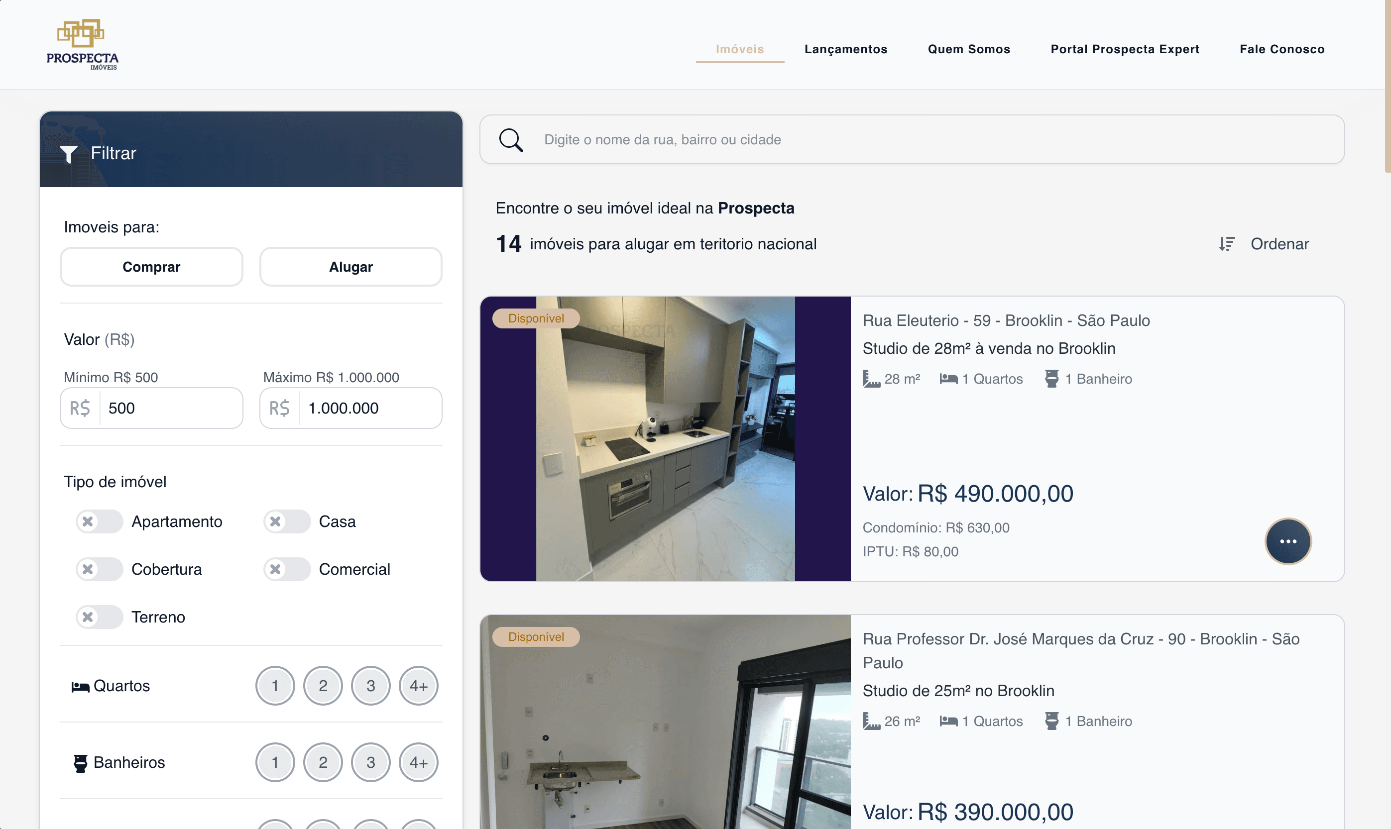 Página interna Prospecta Imóveis