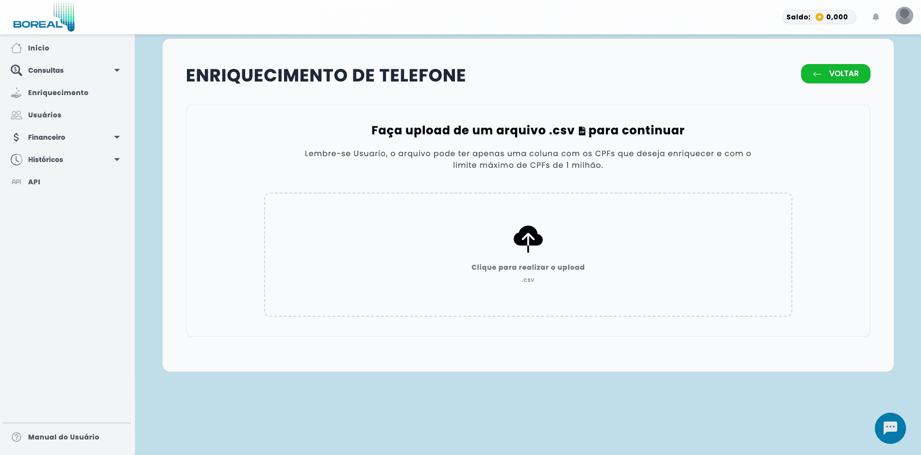 Página de faturas Boreal