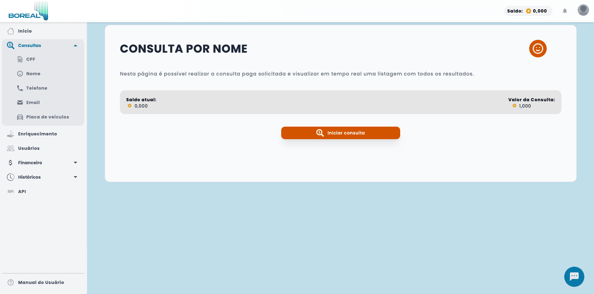 Página de configurações Boreal