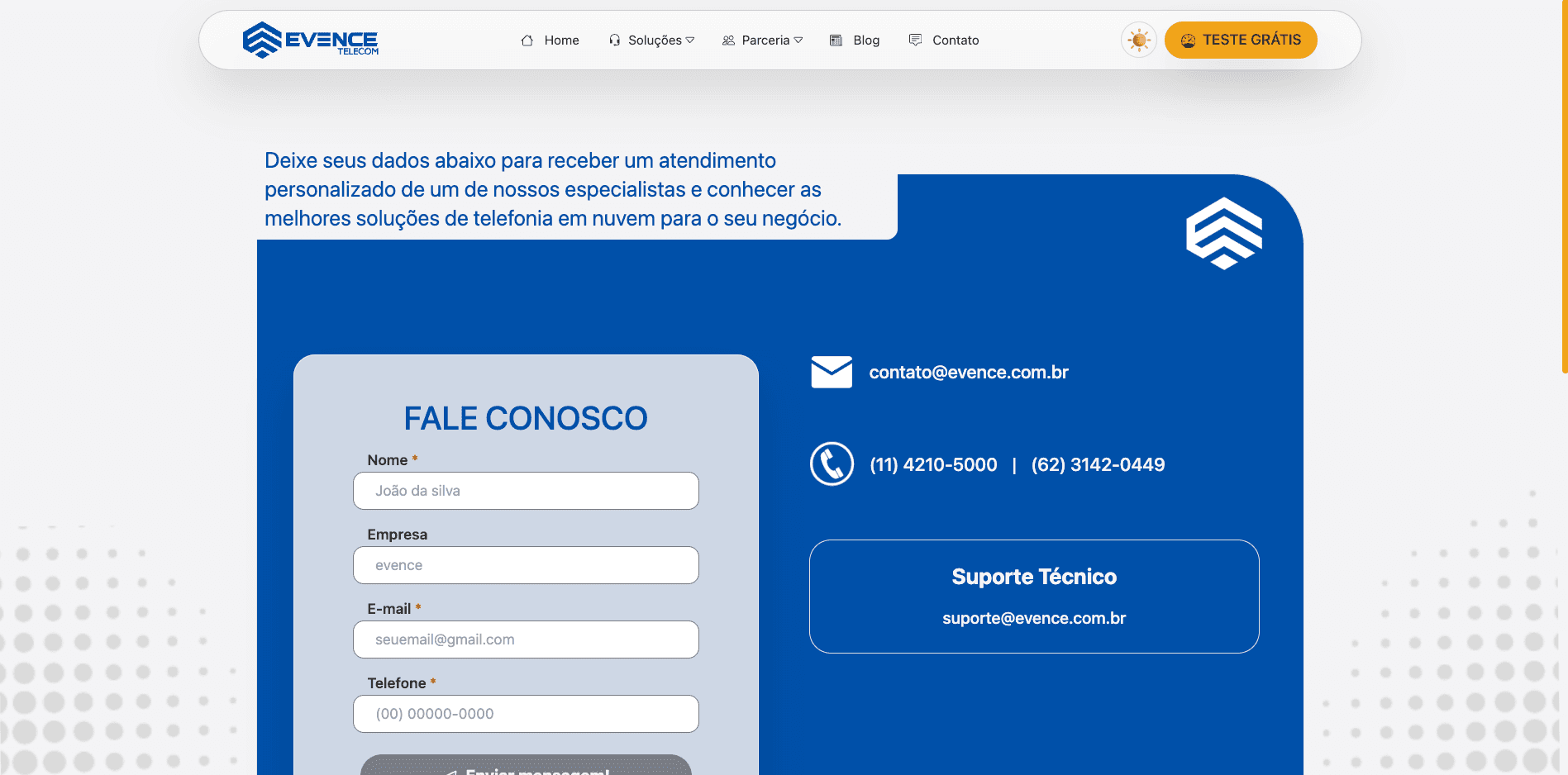 Formulário de contato Evence